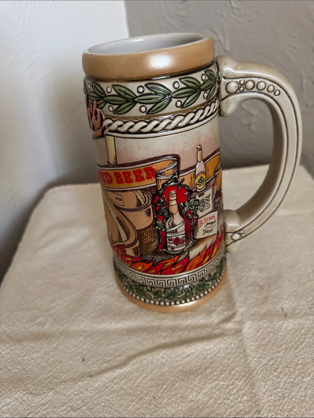 Decorative Ceramic Stein in Tan and Red